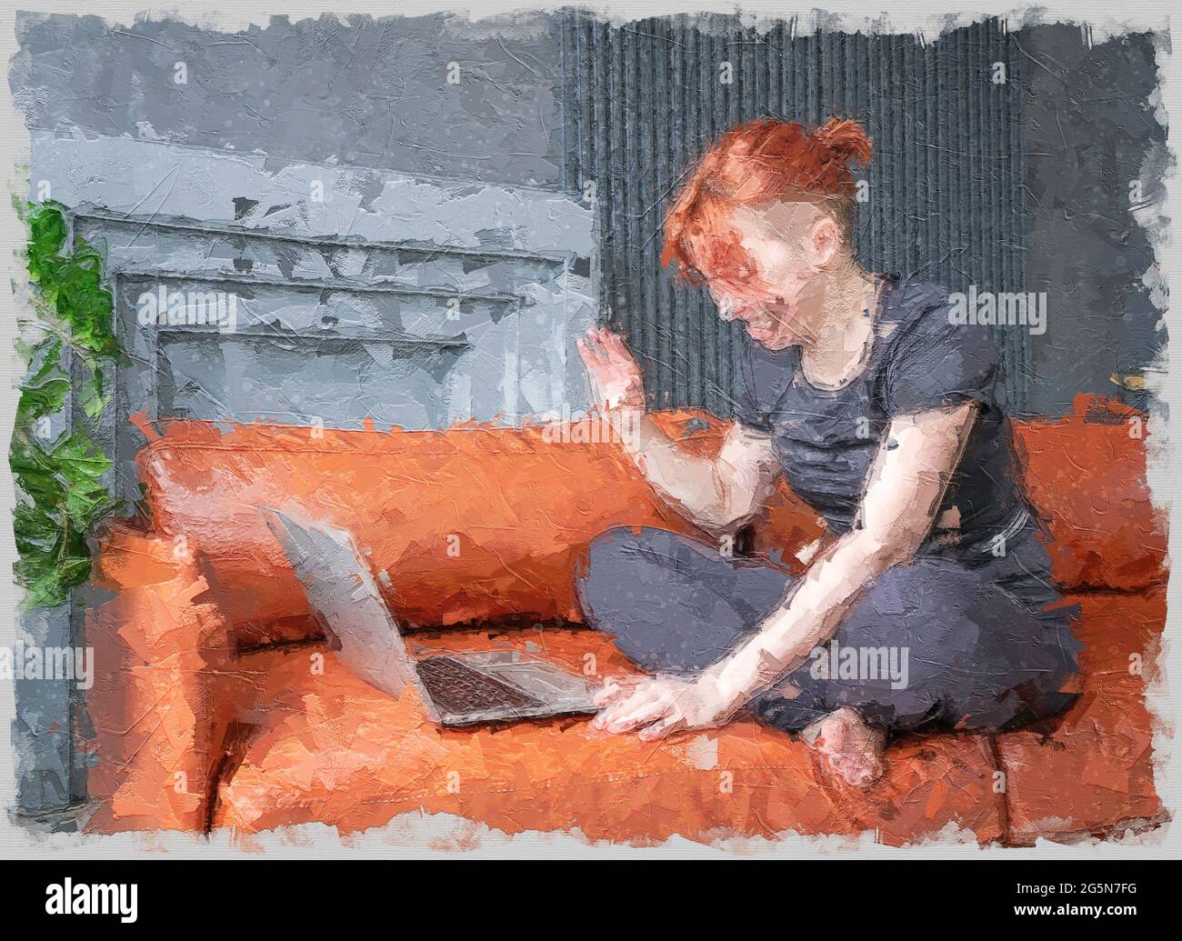 Une fille communique en ligne à l'aide d'un ordinateur portable assis sur un canapé. Femme a levé la main en saluant. Grande technique de brossage Banque D'Images