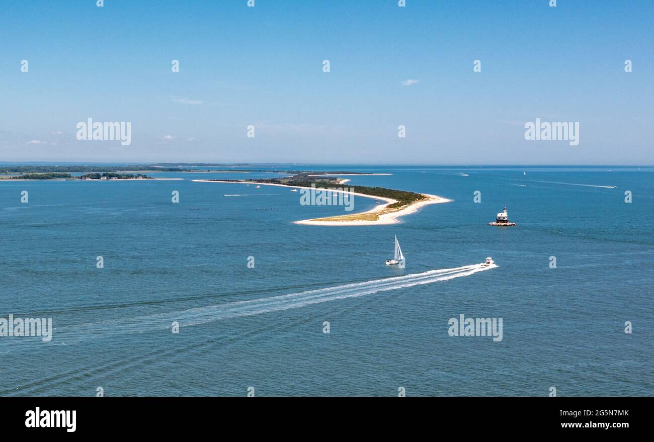 Vue aérienne du phare « Bug » de long Beach Bar, Orient, NY Banque D'Images