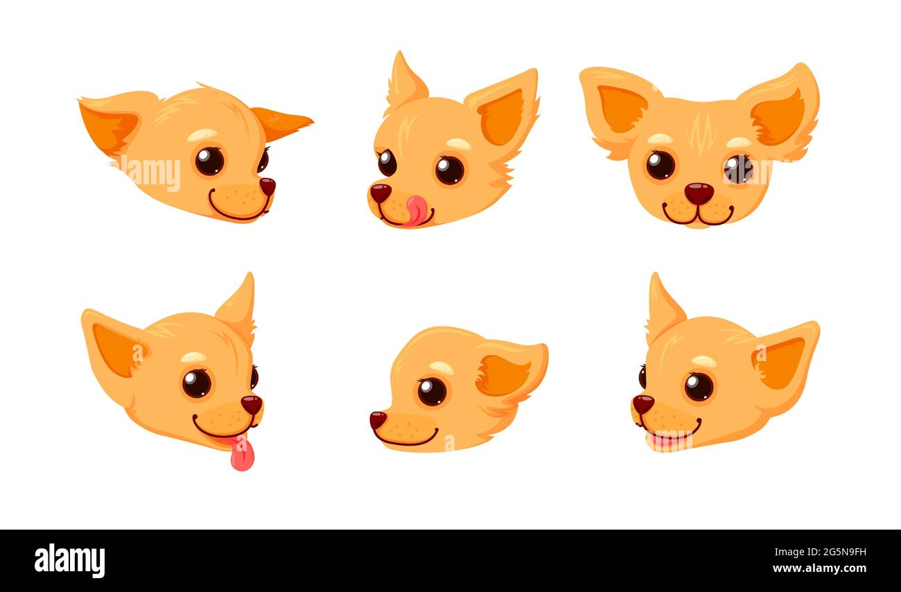 Chihuahua visage souriant avec la langue. Tête d'un chiot isolé sur fond blanc. Illustration vectorielle dans un joli style de dessin animé Illustration de Vecteur
