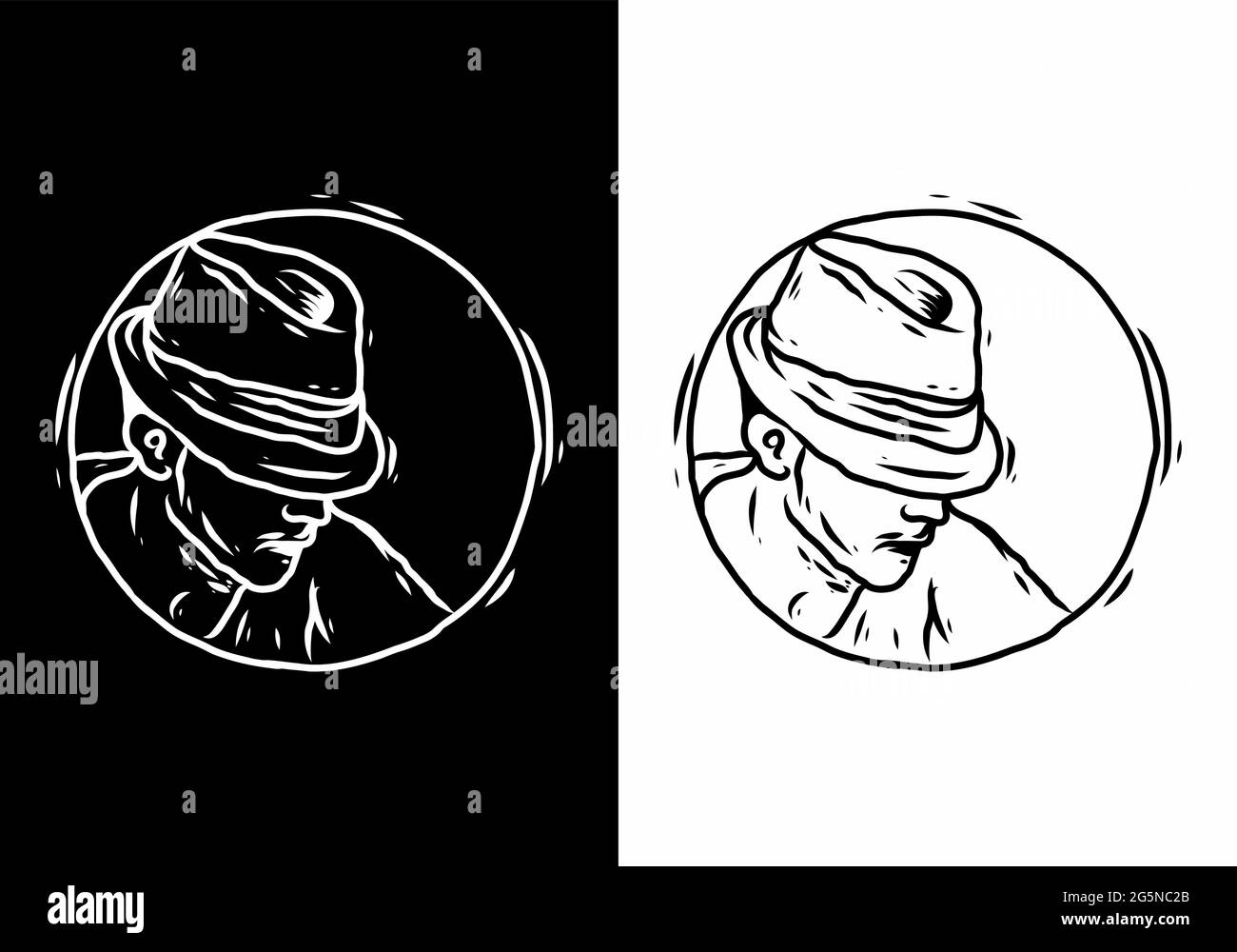 Dessin d'homme à la ligne noire et blanche portant un chapeau Illustration de Vecteur