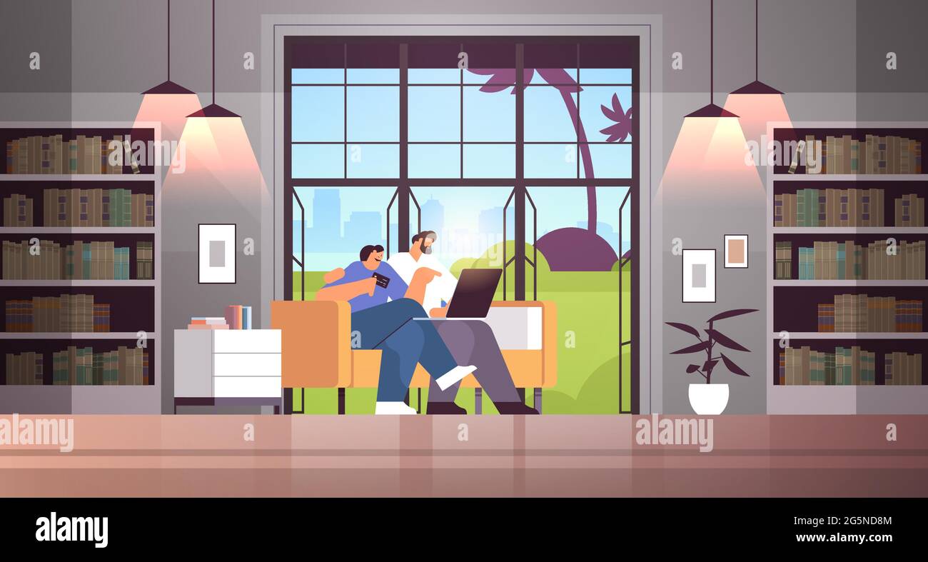 jeune couple avec carte de crédit utilisant ordinateur portable en ligne shopping concept homme femme commandant des marchandises ensemble Illustration de Vecteur