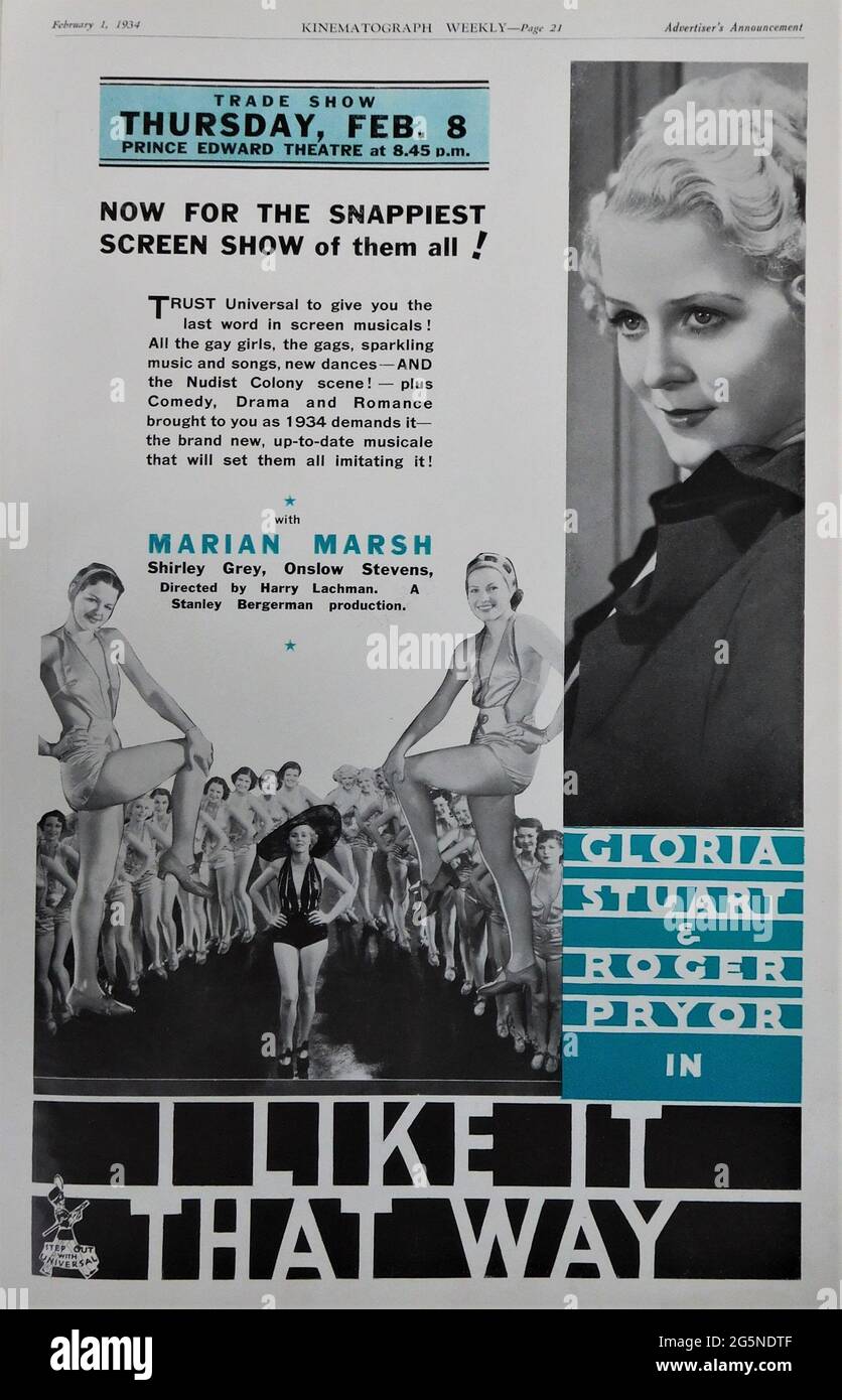 Publicité commerciale britannique pour GLORIA STUART MARIAN MARSH et ROGER PRYOR en je L'AIME DE CETTE FAÇON 1934 directeur HARRY LACHMAN costume design Vera West Universal Pictures Banque D'Images