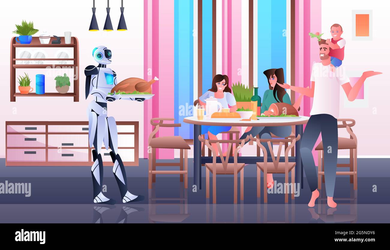 robot femme au foyer cuisiner et servir des repas à la famille de l'intelligence artificielle concept de technologie Illustration de Vecteur