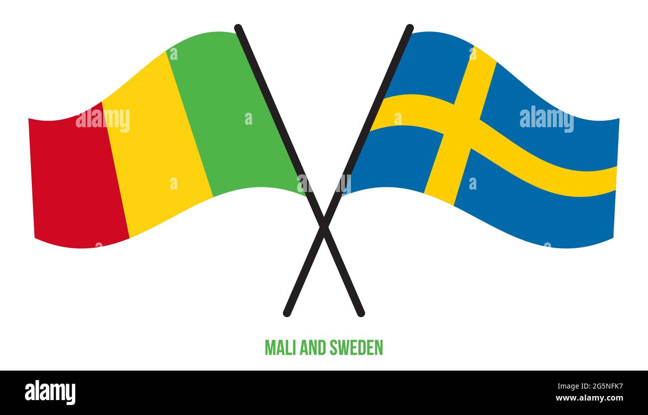 Mali et Suède drapeaux croisés et ondulant le style plat. Proportion officielle. Corriger les couleurs. Illustration de Vecteur