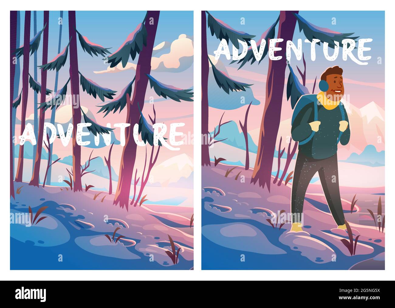 Aventure, voyage, poster de bande dessinée, voyageur à la forêt d'hiver avec vue sur les montagnes. Tourisme avec sac à dos au bois rocailleux paysage neigeux, randonnée illustration du vecteur Illustration de Vecteur