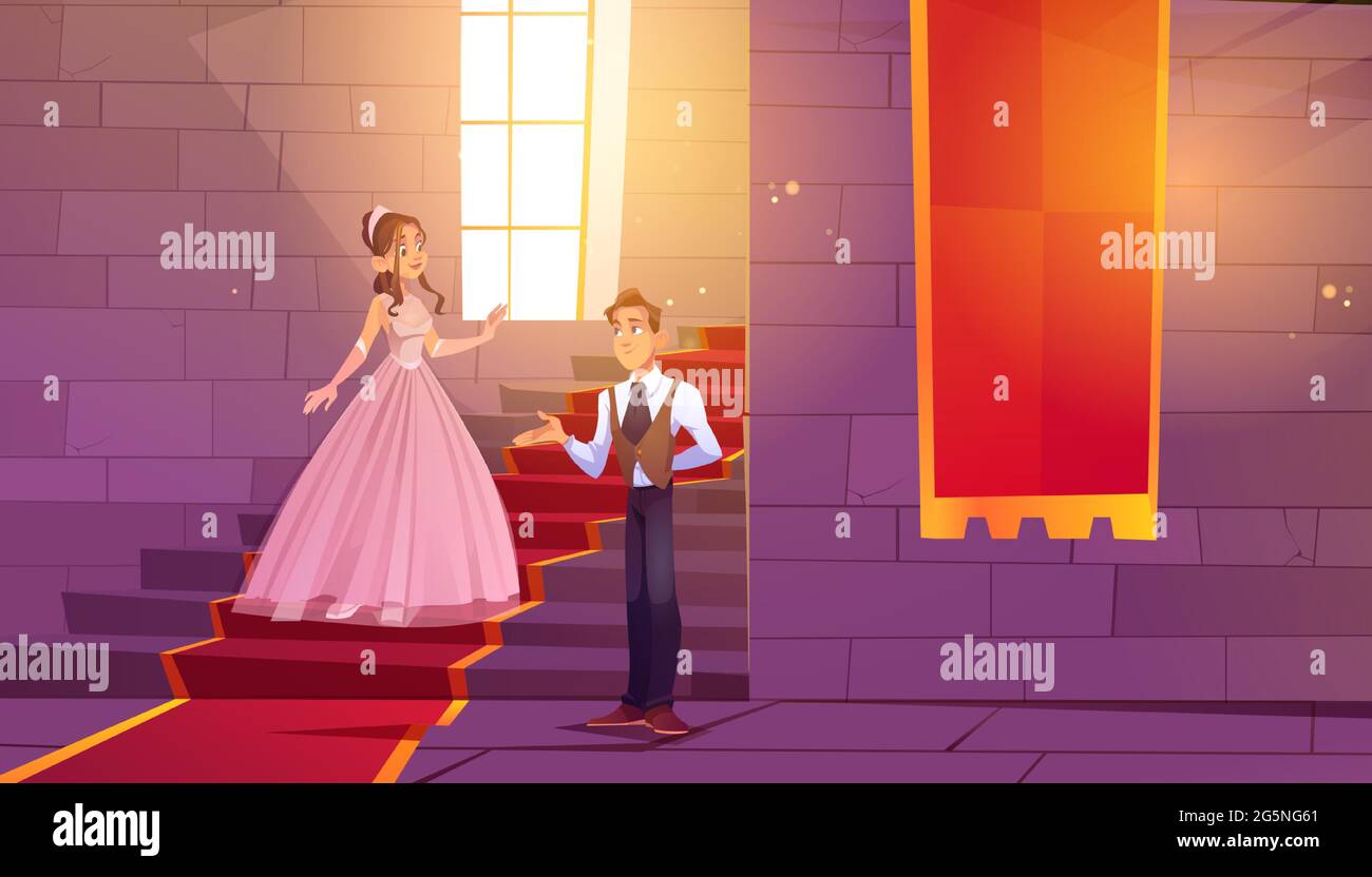 Le prince invite la princesse à danser dans la salle du château. Couple royal dans le couloir du palais avec des murs en pierre, une échelle et une grande fenêtre, chambre décorée de bannières rouges et de tapis d'escaliers, illustration vectorielle de dessin animé Illustration de Vecteur