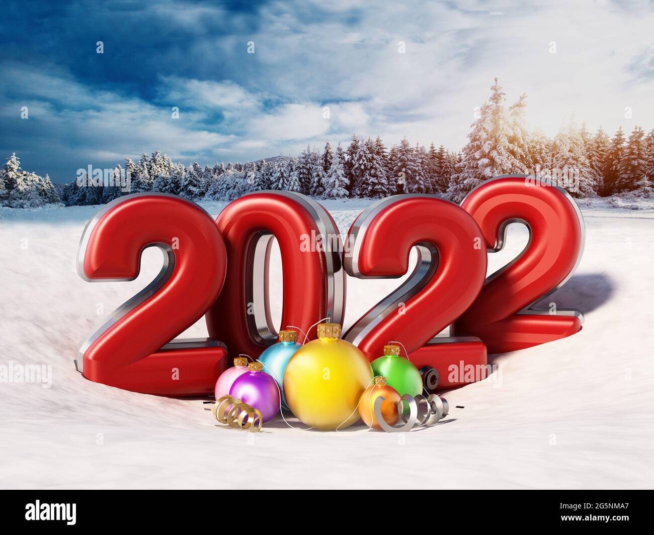 Texte du nouvel an 2022 sur la neige avec des boules de Noël. Illustration 3D. Banque D'Images