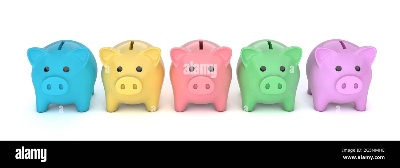 Tirelires colorées. Des bancs de porc pour différents besoins. Isolés sur fond blanc. rendu 3d. Banque D'Images