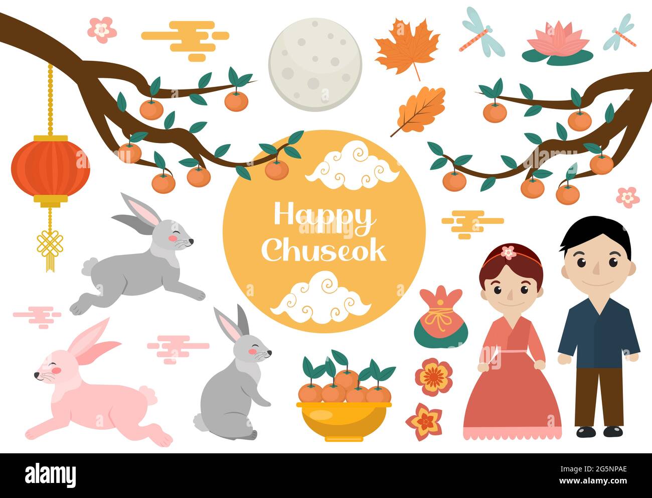 Ensemble d'objets Happy Chuseok. Collection d'éléments de design du festival de la mi-automne avec persimmon, lapins, lune. Thanksgiving et Harvest coréens Illustration de Vecteur