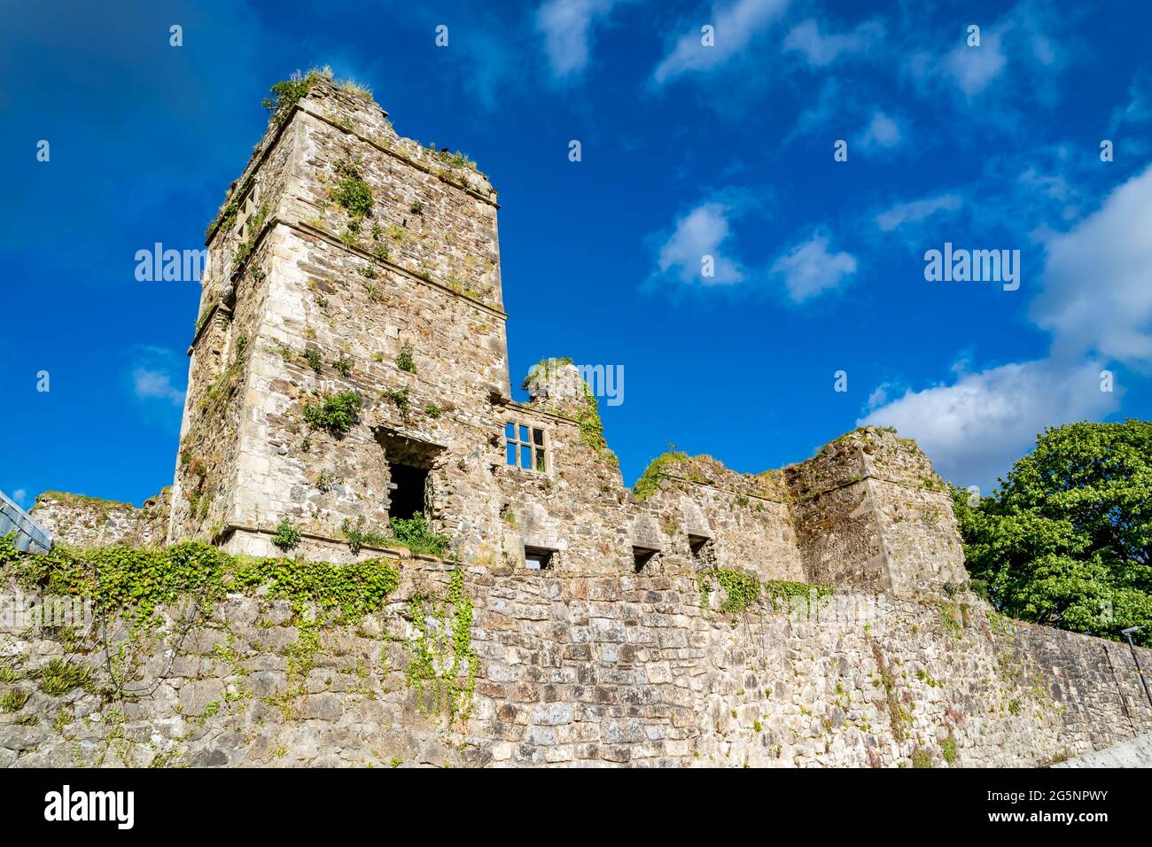 Les ruines du château de Manorhamilton, érigé en 1634 par Sir Frederick Hamilton - Comté de Leitrim, Irlande. Banque D'Images