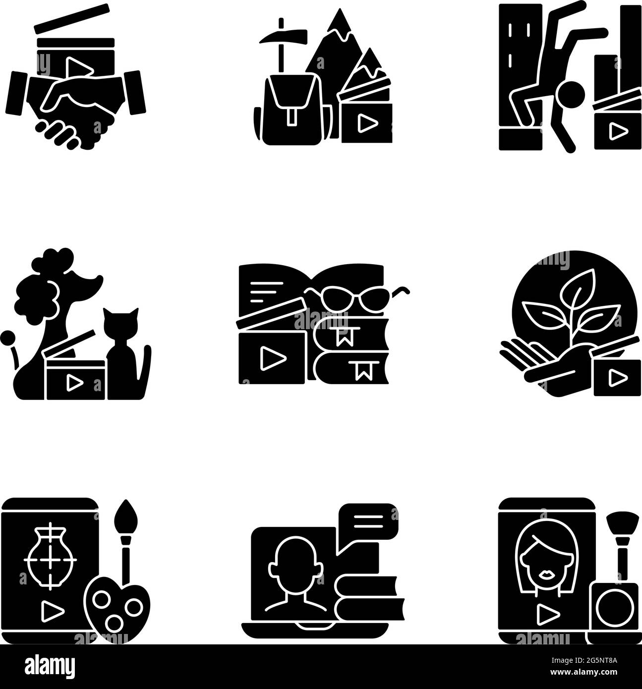 Les icônes de glyphe noir du contenu vidéo sont définies sur un espace blanc Illustration de Vecteur