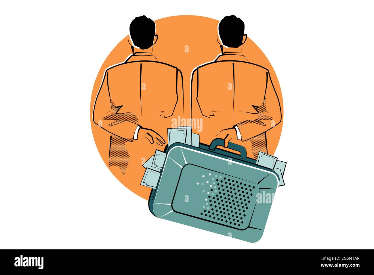 Concept de corruption, conduite malhonnête ou frauduleuse par les personnes au pouvoir, impliquant la corruption. Illustration vectorielle de deux hommes qui ont versé de l'argent, un pot-de-vin Banque D'Images