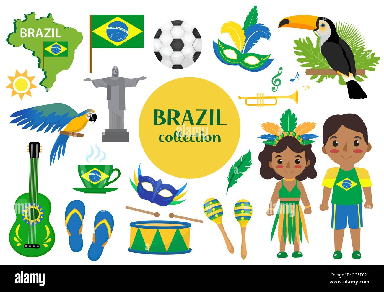 Ensemble de carnaval brésilien clip art Brésil pays voyage tourisme, symboles nationaux. Collection d'éléments de design, avec toucan, perroquet, rio de jeneiro Illustration de Vecteur
