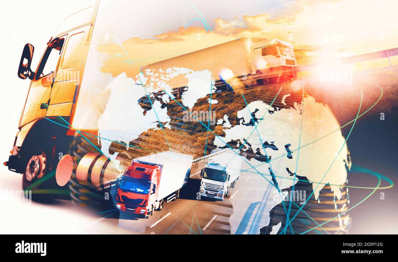Résumé conception arrière-plan camions et transport de camions.route et livraison.carte du monde et fret international.Image liée à la logistique. Banque D'Images