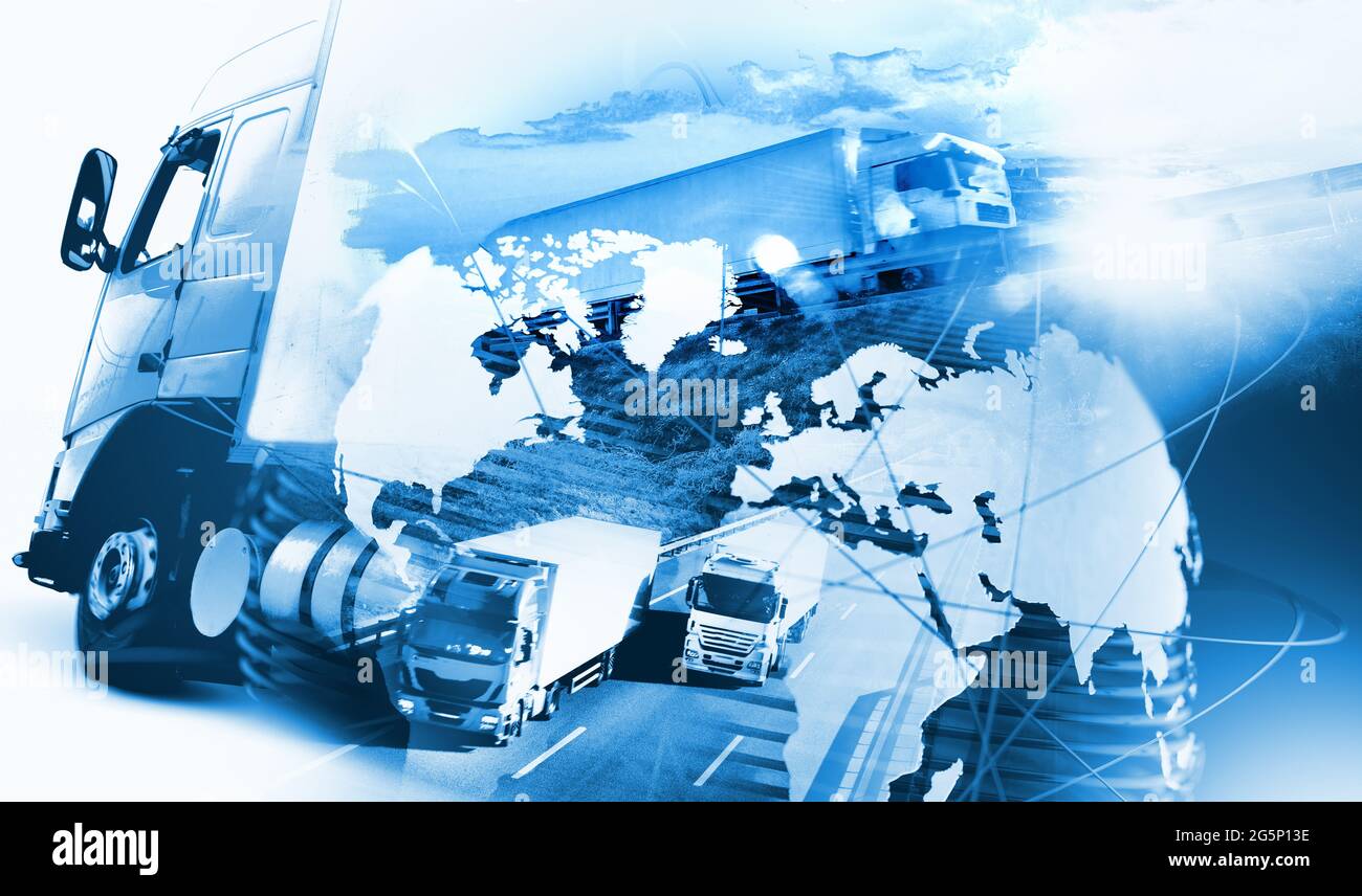 Résumé conception arrière-plan camions et transport de camions.route et livraison.carte du monde et fret international.Image liée à la logistique. Banque D'Images