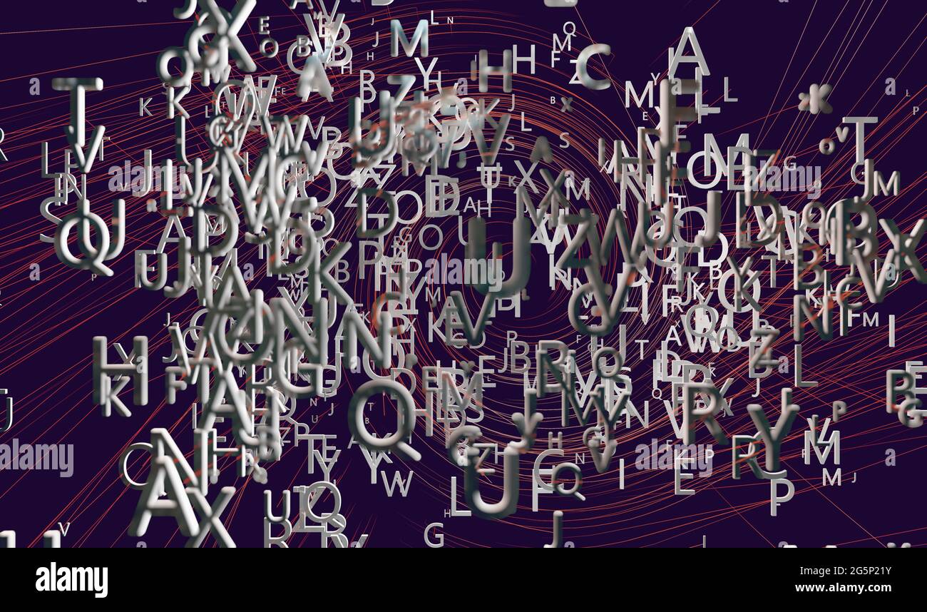 illustration 3d.concept de l'écriture créative et de la littérature.la puissance des mots et de la langue.Design abstrait avec des lettres de fond Banque D'Images