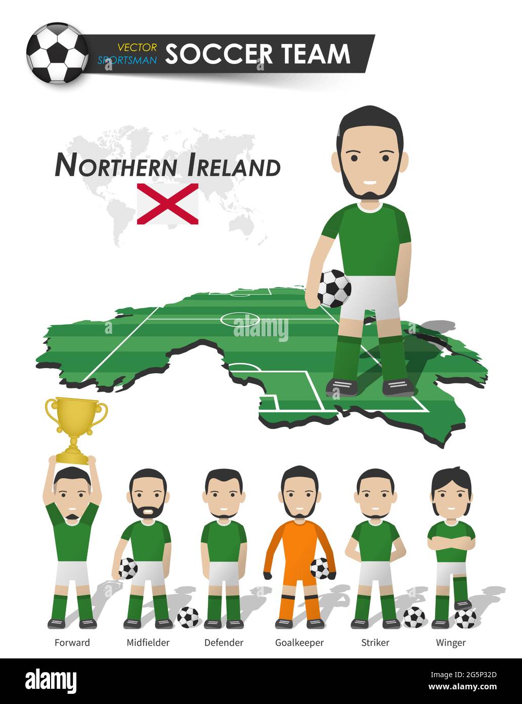 Équipe nationale de football de l'irlande du Nord . Joueur de football avec maillot de sport stand sur le champ de perspective carte du pays et carte du monde . Jeu de balles Illustration de Vecteur