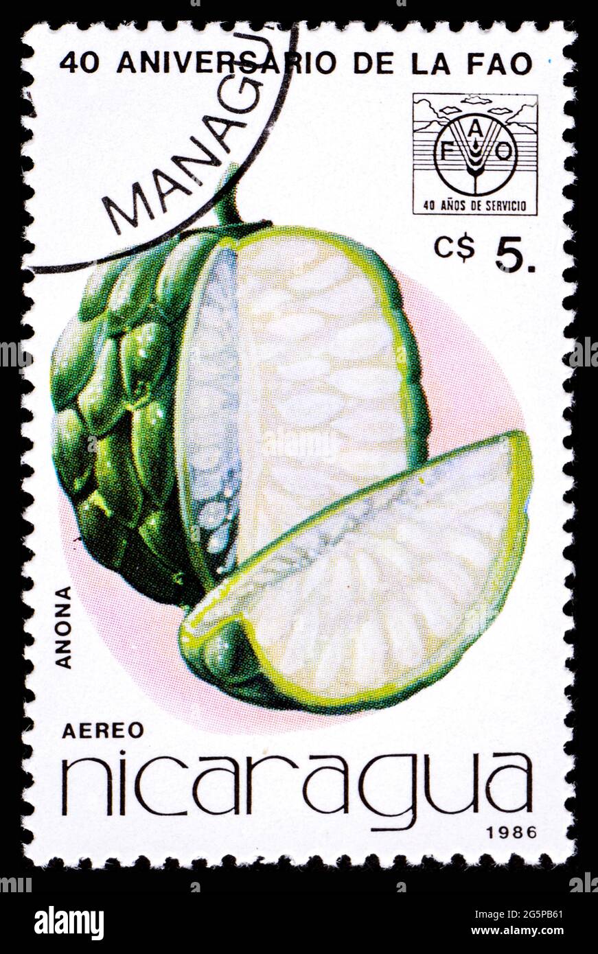 NICARAGUA - VERS 1986: Timbre-poste du Nicaragua montrant le fruit Anona Banque D'Images