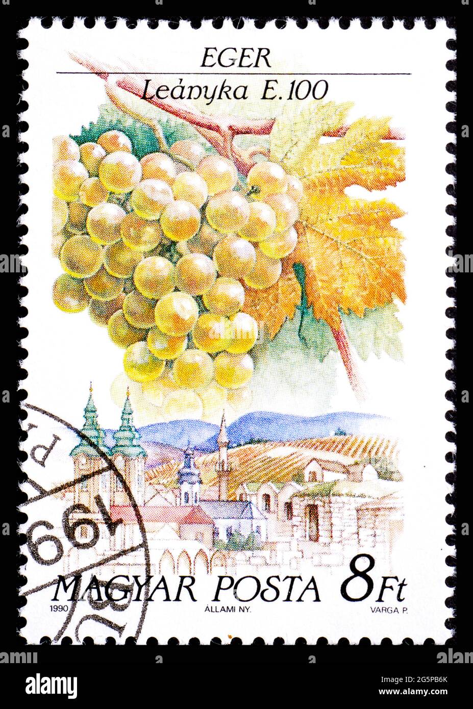 HONGRIE - VERS 1990: Timbre-poste de Hongrie montrant une sorte de raisin Leanyka dans la région d'Eger Banque D'Images