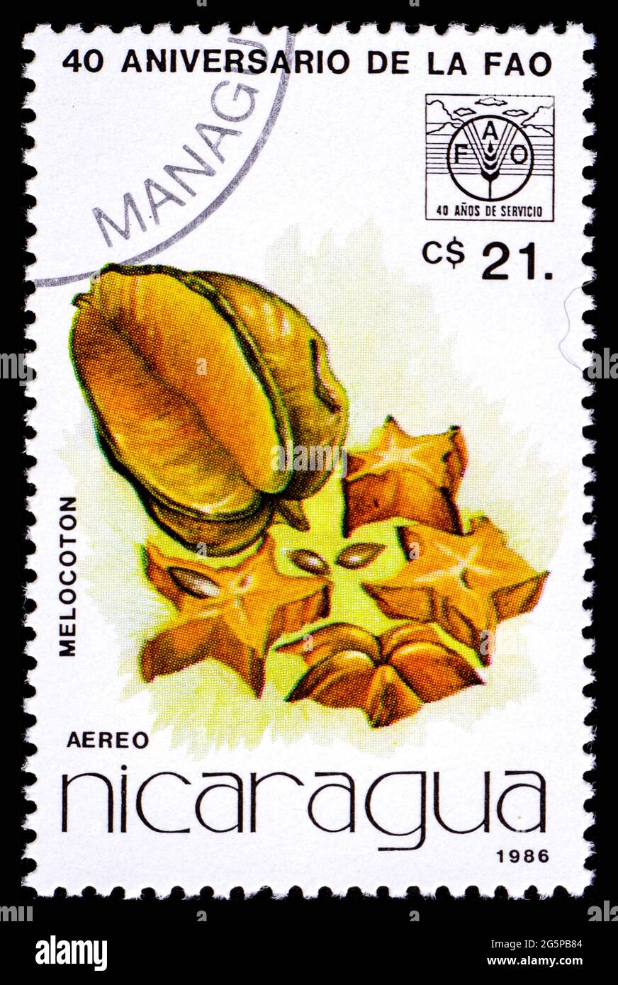 NICARAGUA - VERS 1986: Timbre-poste du Nicaragua montrant des fruits Melocoton Banque D'Images