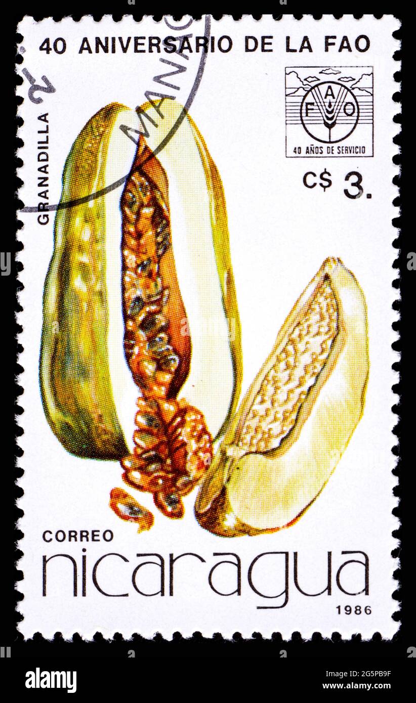 NICARAGUA - VERS 1986: Timbre-poste du Nicaragua montrant des fruits Granadilla Banque D'Images