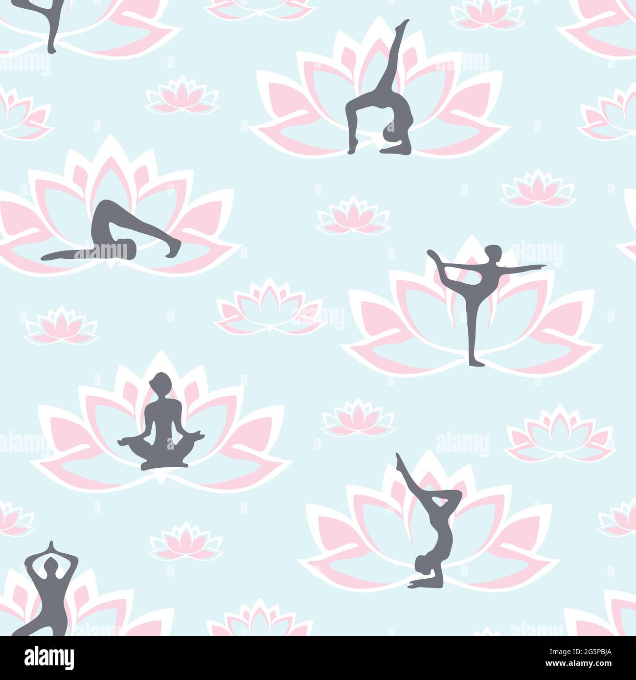 Motif vectoriel sans couture avec silhouettes de yoga pour femme et fleur de lotus sur fond bleu. Style de papier peint sain. Textile de mode Zen. Illustration de Vecteur