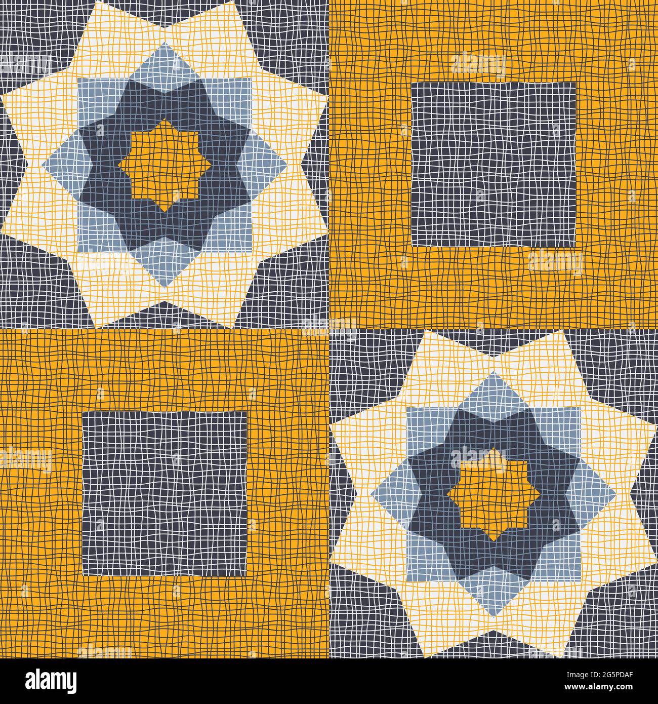 Motif vectoriel sans couture avec mosaïque de fleurs carrées texturées sur fond bleu. Papier peint style boho gitan décoratif. Courtepointe à motif fleuri vintage. Illustration de Vecteur