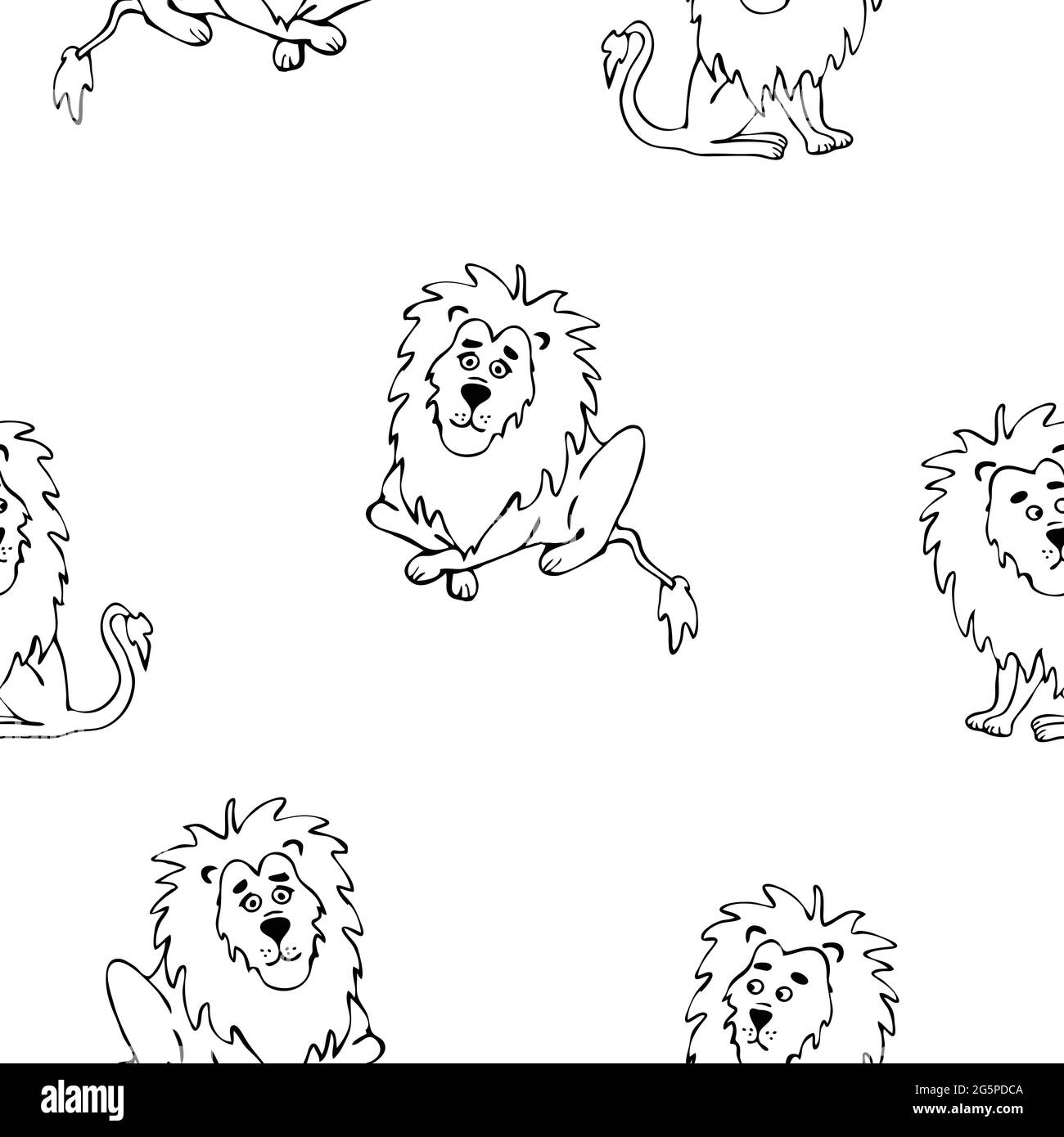 Motif vectoriel sans couture avec lion dessiné à la main sur fond blanc. Papier peint à motif animal simple pour les enfants. Décoration zoo mode textile. Illustration de Vecteur