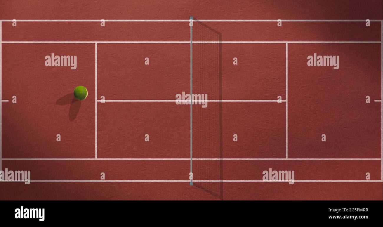 Composition d'une balle de tennis couchée sur un court de tennis vide avec filet Banque D'Images