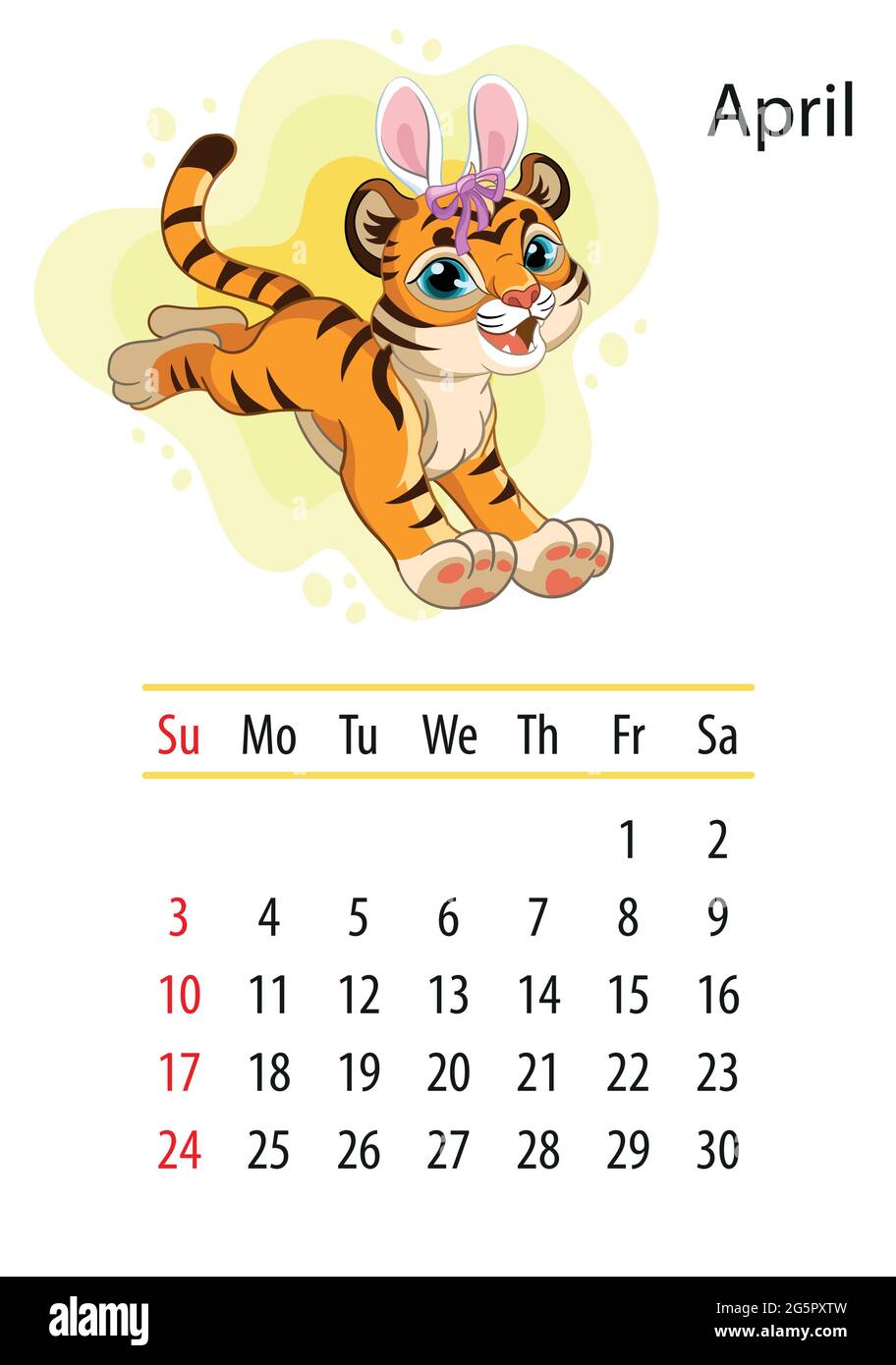 Modèle de conception de calendrier mural pour avril 2022, année du tigre selon le calendrier chinois ou oriental. Caractère animal. Illustration vectorielle. Semaine Illustration de Vecteur