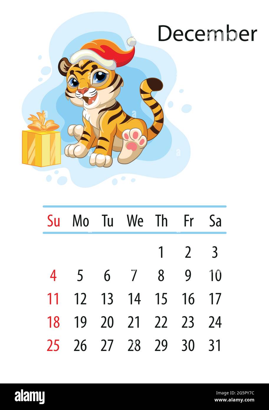 Modèle de conception de calendrier mural pour décembre 2022, année du tigre selon le calendrier chinois ou oriental. Caractère animal. Illustration vectorielle. Nous Illustration de Vecteur