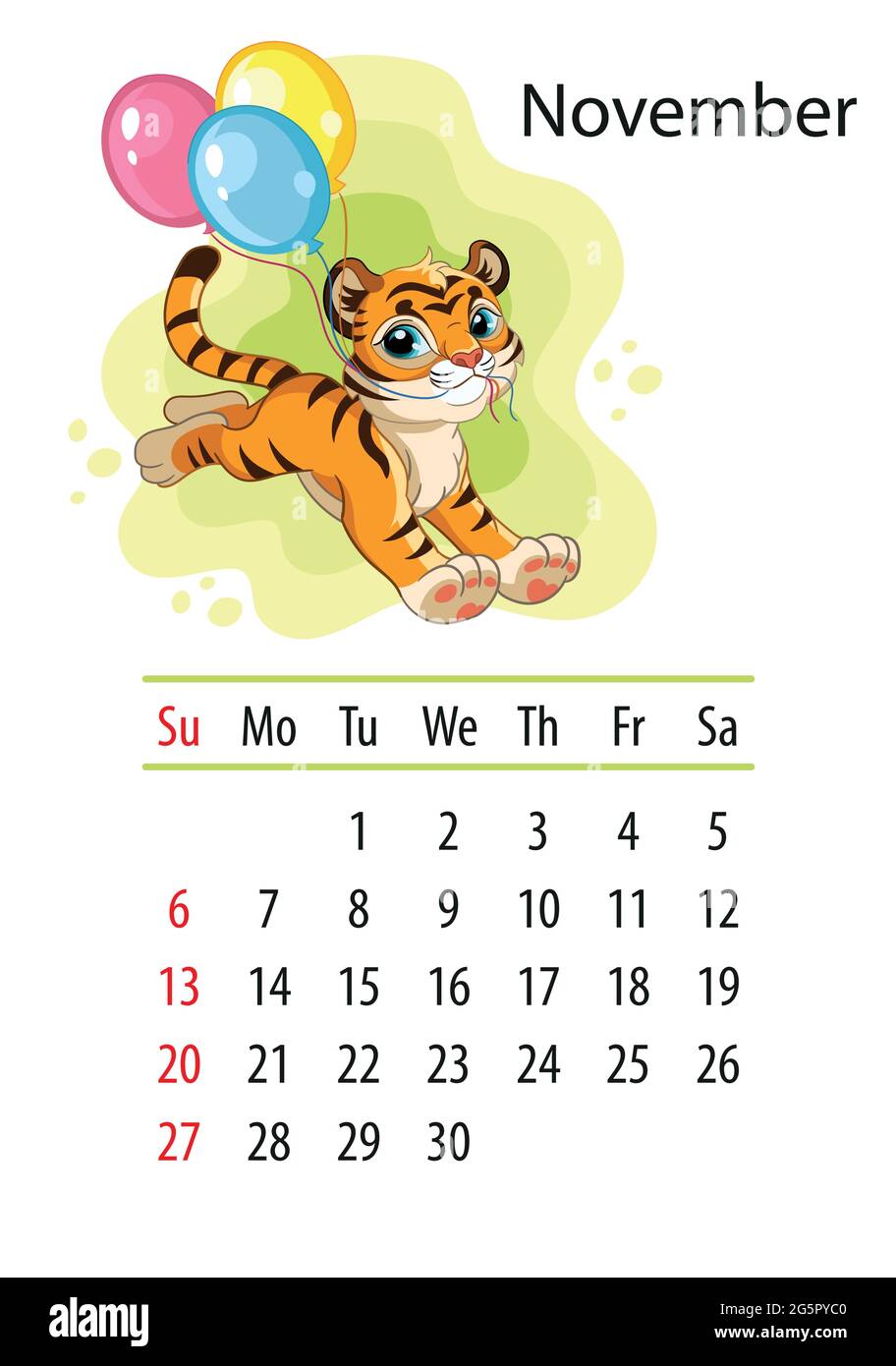 Modèle de conception de calendrier mural pour novembre 2022, année du tigre selon le calendrier chinois ou oriental. Caractère animal. Illustration vectorielle. Nous Illustration de Vecteur