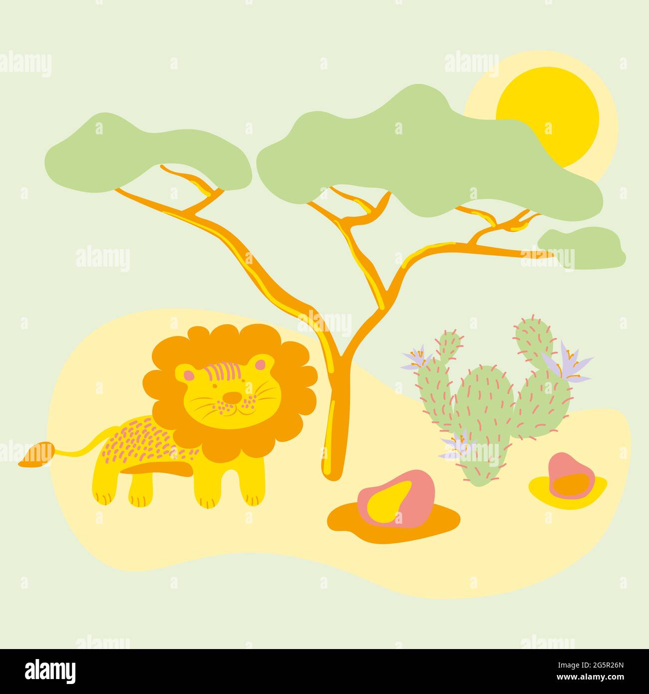 Un lion se tient sous un arbre parmi la savane africaine chaude. Animaux et nature dans un style de dessin animé plat. Illustration vectorielle colorée. Design pour les enfants Illustration de Vecteur