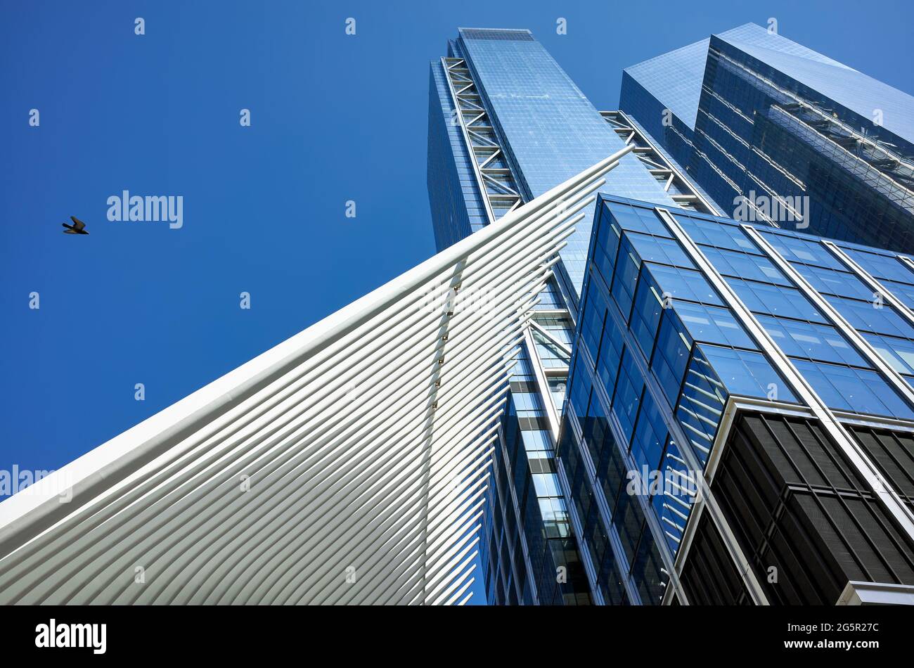 New York, États-Unis - 05 juillet 2018 : vue sur le complexe du World Trade Center avec des côtes d'Oculus (WTC Transportation Hub) contre le ciel bleu. Banque D'Images
