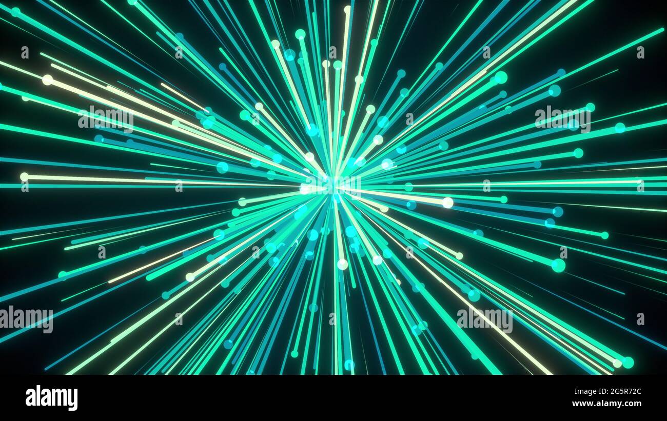 Des rayures 3D géométriques lumineuses volent vers les côtés. Inflorescence abstraite du festival Digital Sunburst. Ornement éclat d'étoile de l'espace éclatée avec ra Banque D'Images