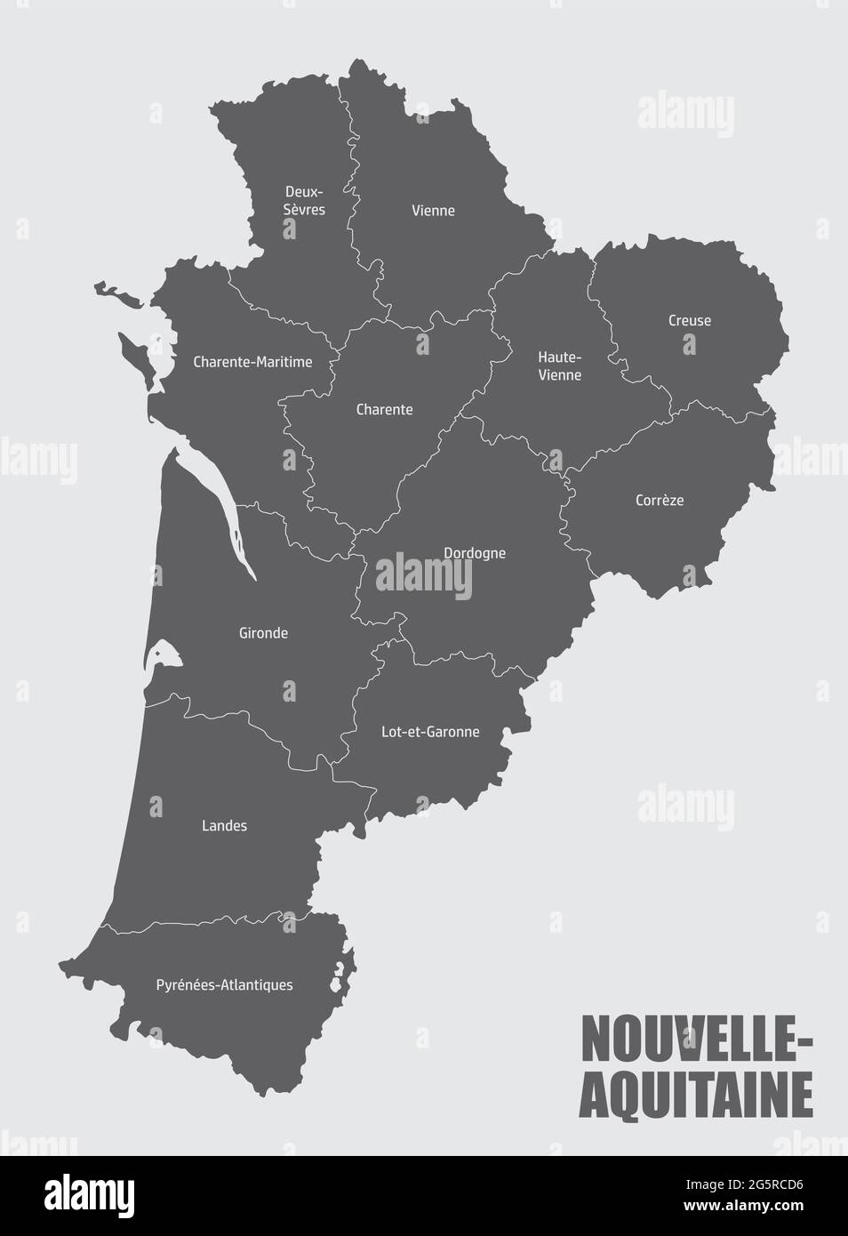 Nouvelle-Aquitaine carte administrative divisée en départements avec labels, France Illustration de Vecteur