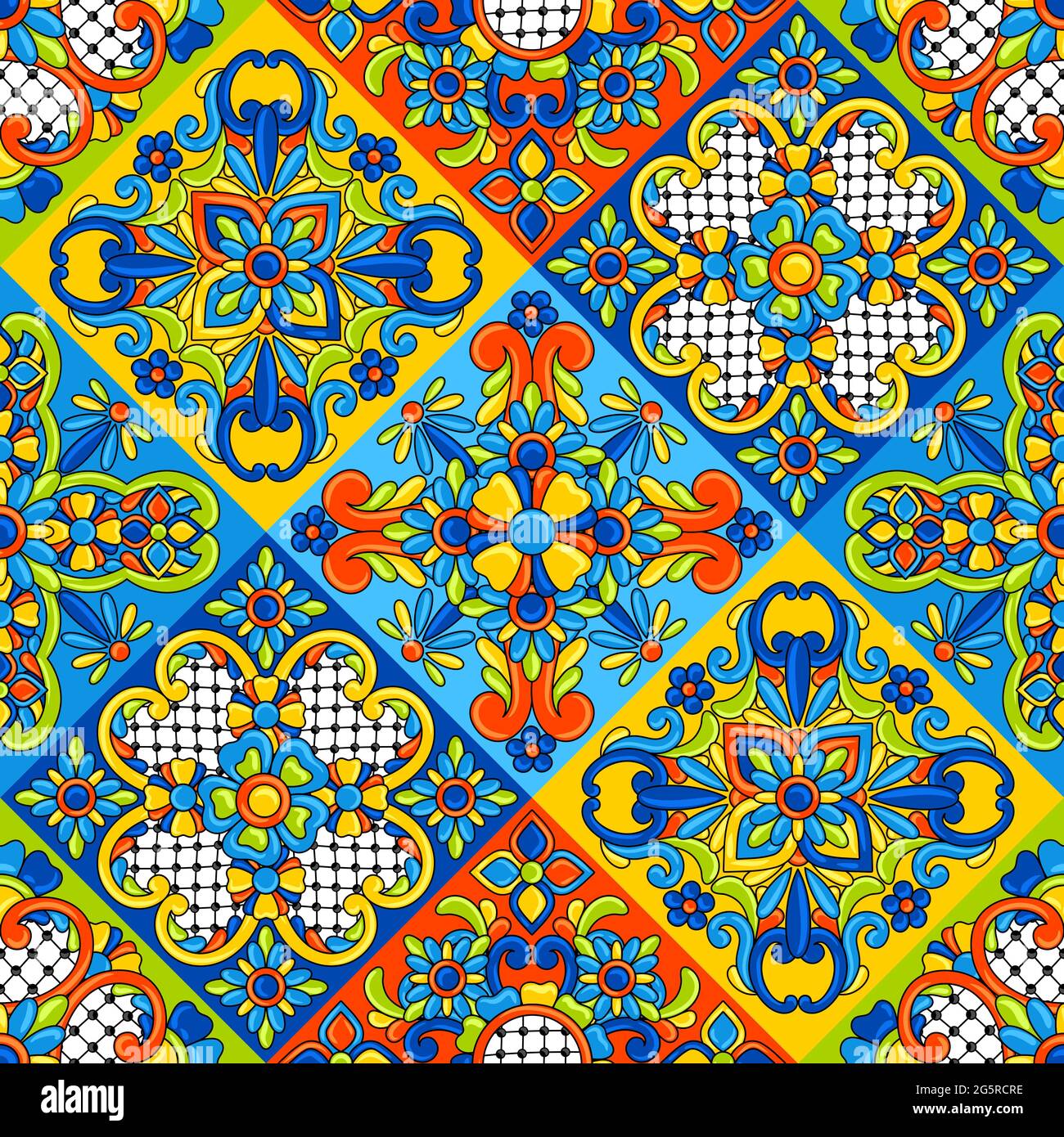 Carreaux de céramique mexicain Talavera à motifs sans couture. Décoration avec fleurs ornementales. Arrière-plan avec motif de talavera mexicain. Décoration avec Illustration de Vecteur