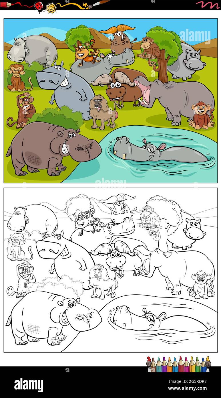 Illustration de dessin animé de la page de livre de coloriage de groupe de personnages de bande dessinée d'animaux sauvages Illustration de Vecteur