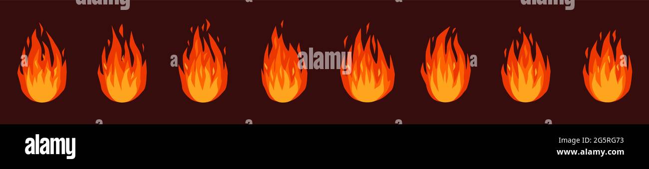 Animation incendie. Feu de camp ou feu de camp, flammes de flamme. Rouge, orange effet feux de flamboyant sprites animés feuille dessin animé ensemble de vecteur. Énergie de flamme chaude, effet de feu coloré pour le jeu Illustration de Vecteur