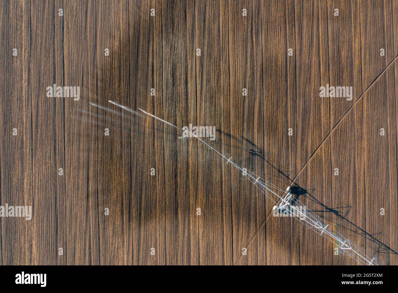 Vue aérienne du système d'irrigation à pivot central pour la pulvérisation des récoltes. Concept agricole, équipement d'arrosage moderne, texture agricole. Banque D'Images
