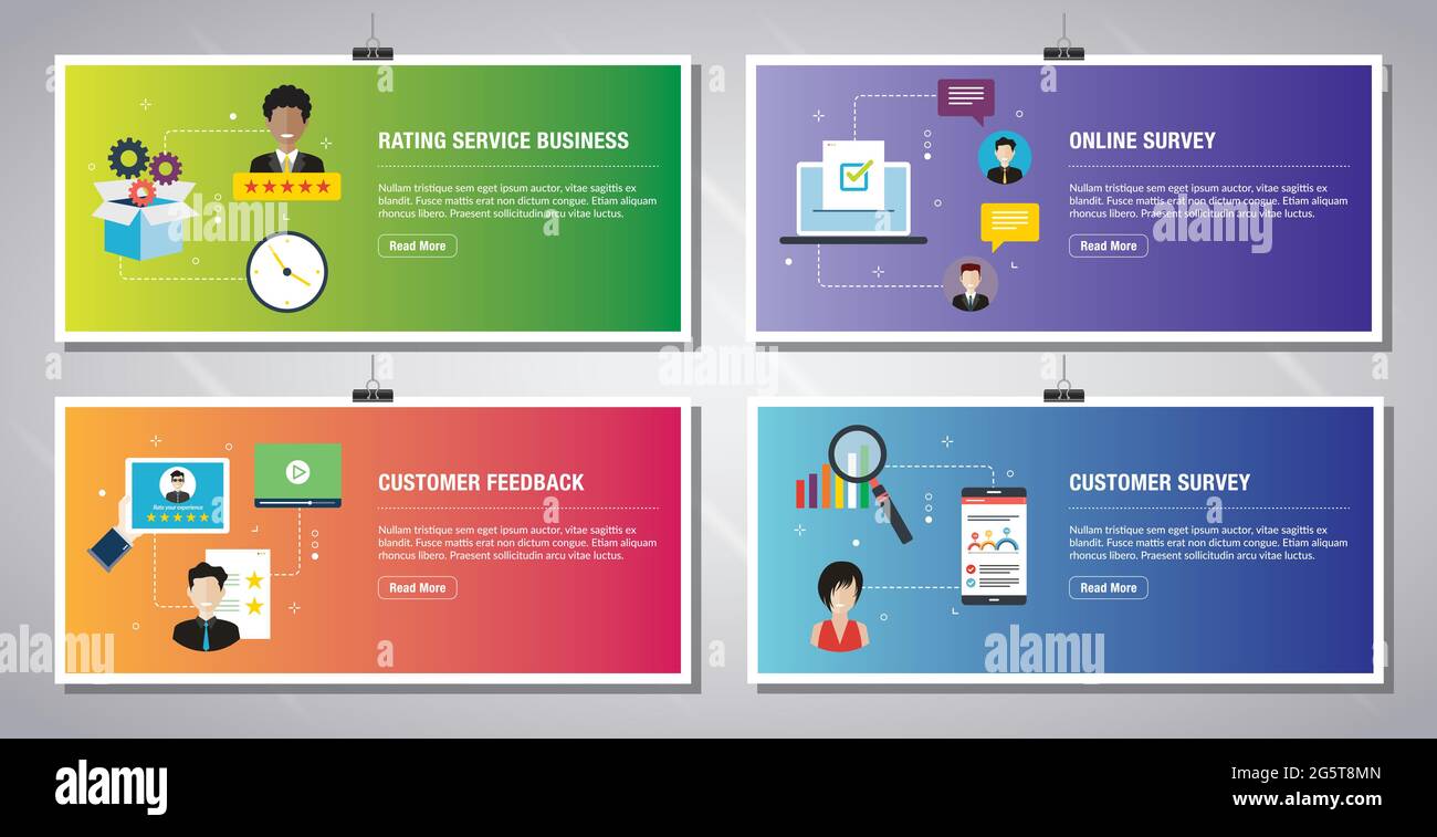 Modèle de bannières Web dans Vector avec icônes de notation des activités de service, enquête en ligne, commentaires des clients et enquête client. Icônes de conception à plat dans vecto Illustration de Vecteur