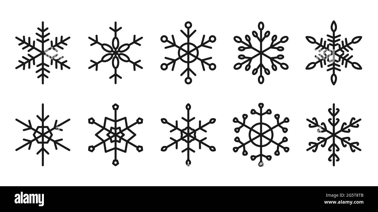 Flocons de neige ensemble ligne noire silhouette symétrique icônes vecteur plat isolé sur fond blanc. Papier d'emballage. Modèle de Noël flocon de neige d'hiver. Pour la carte de vœux des fêtes. Autocollant et étiquette. Illustration de Vecteur
