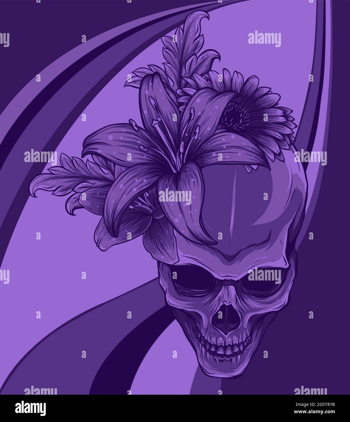 Motif illustration de la tête de mort humaine et des fleurs vectorielles Illustration de Vecteur