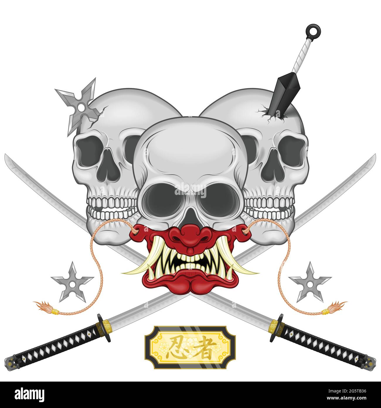Dessin vectoriel du crâne de ninja avec masque japonais hannya, kunai, shuriken et deux mots katana, éléments de la culture japonaise et du folklore Illustration de Vecteur