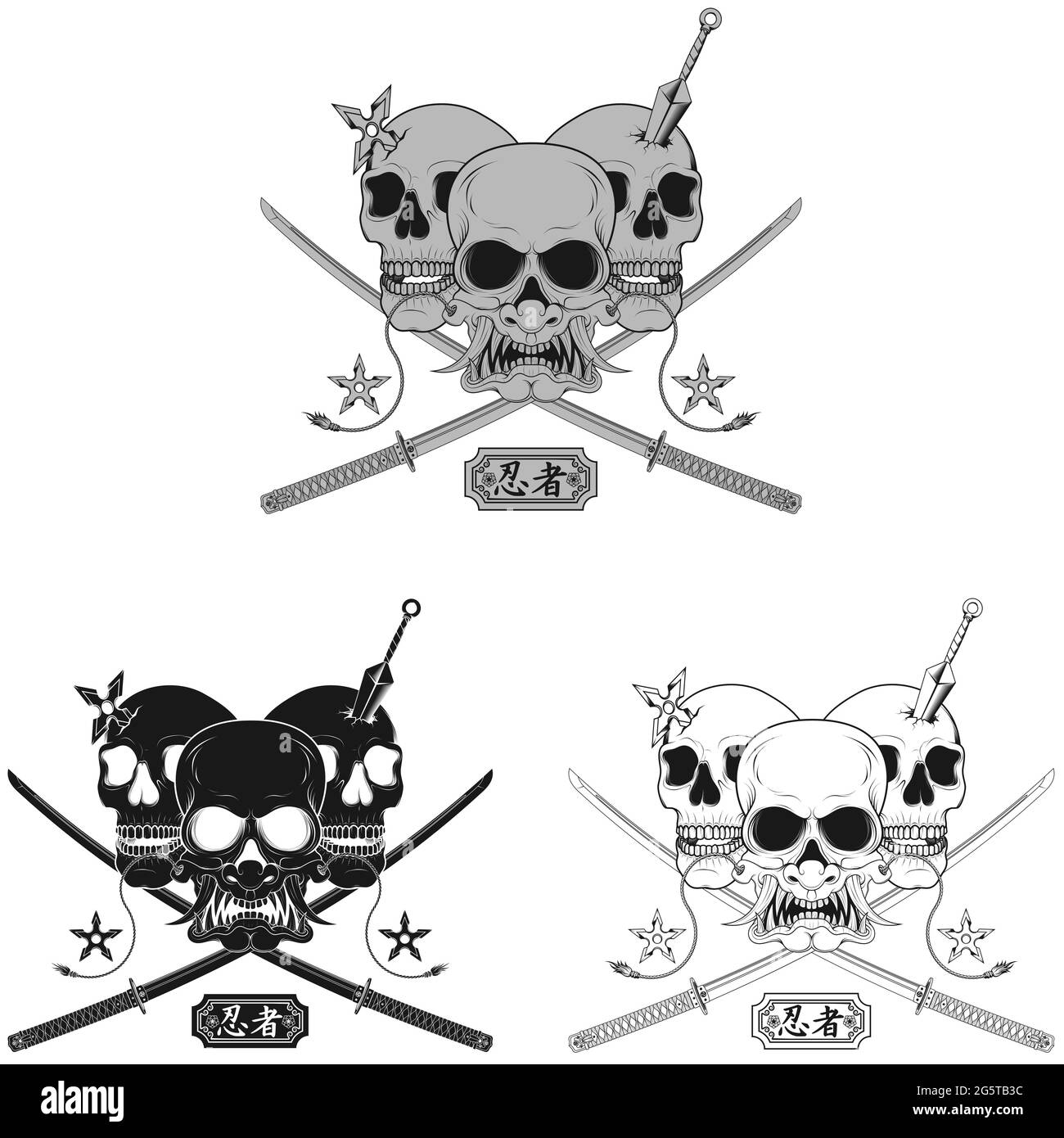 Conception vectorielle du crâne de ninja avec masque japonais hannya, kunai, shuriken et deux épées de katana, niveaux de gris, noir et blanc Illustration de Vecteur
