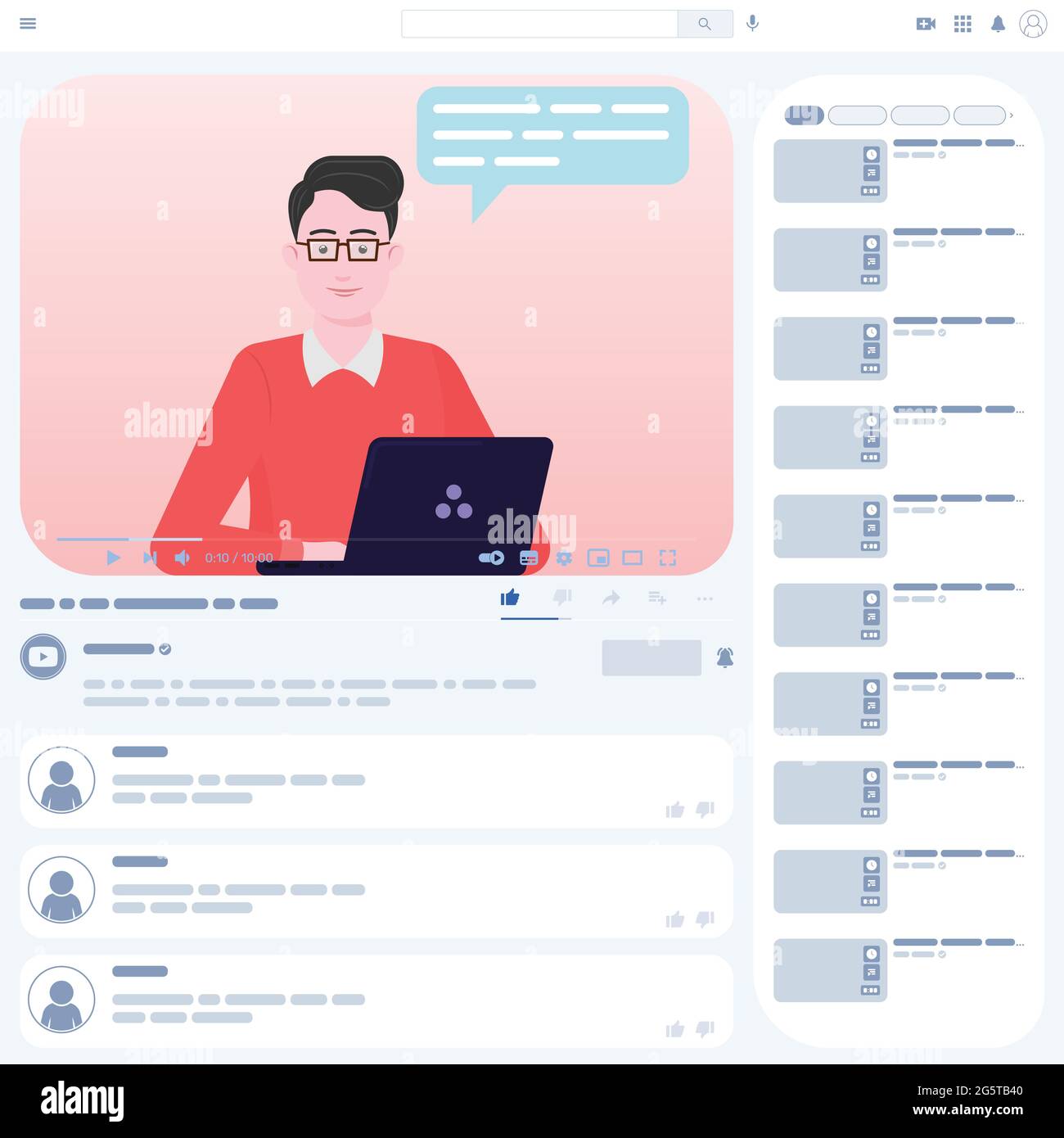 Didacticiel vidéo conception vectorielle, lecture vidéo en ligne, communicateur en cours en ligne, interface de site Web vidéo avec un influenceur mâle utilisant son ordinateur portable Illustration de Vecteur