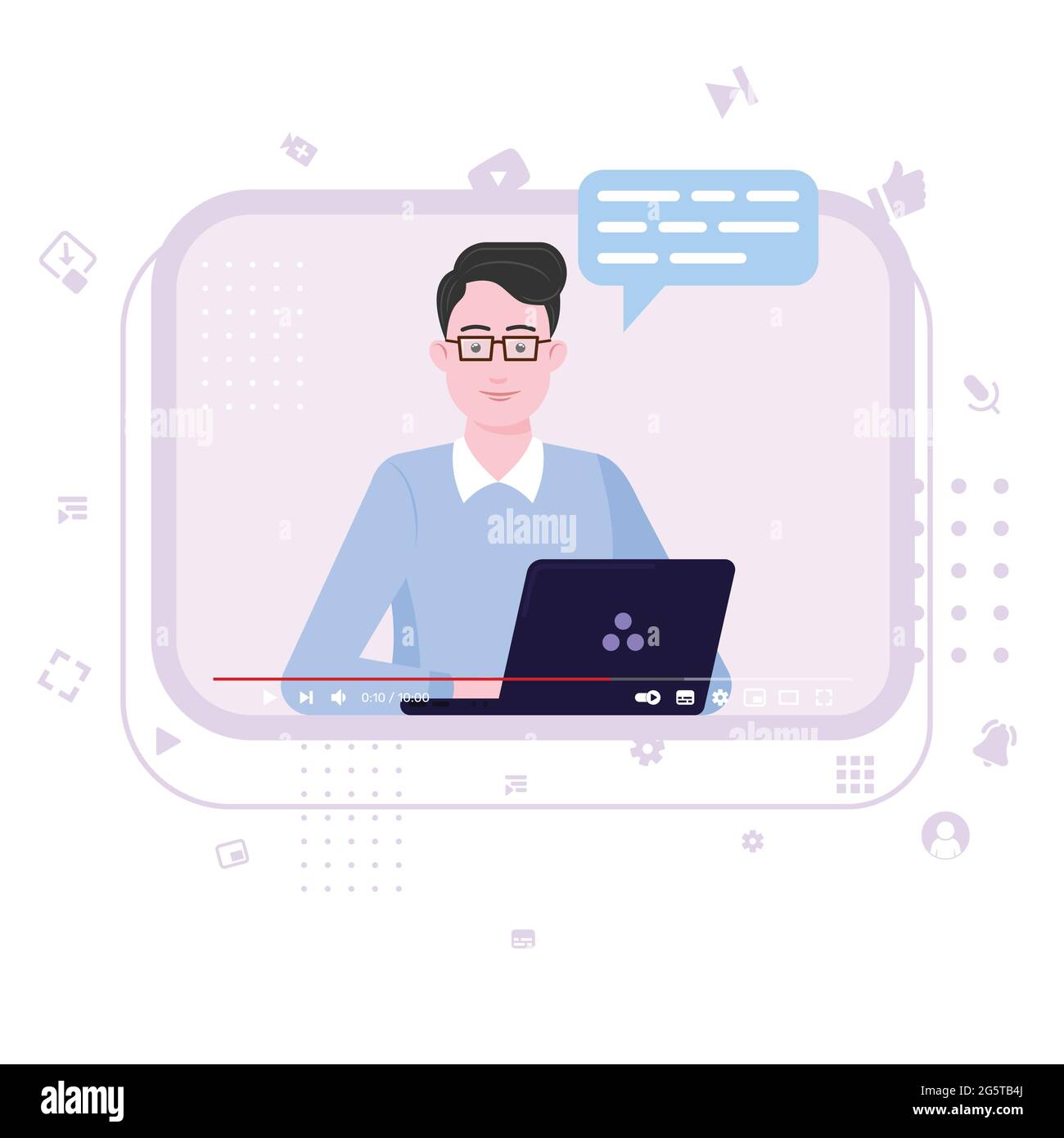 Didacticiel vidéo conception vectorielle, lecture vidéo en ligne, communicateur en cours en ligne, interface de site Web vidéo avec un influenceur mâle utilisant son ordinateur portable Illustration de Vecteur