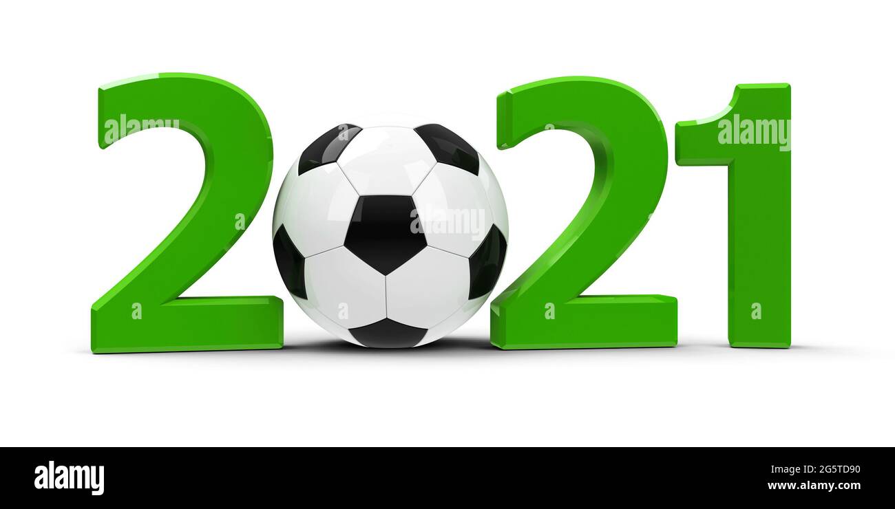 Vert 2021 avec football isolé sur fond blanc, représente 2021 concours de football, rendu tridimensionnel, illustration 3D Banque D'Images