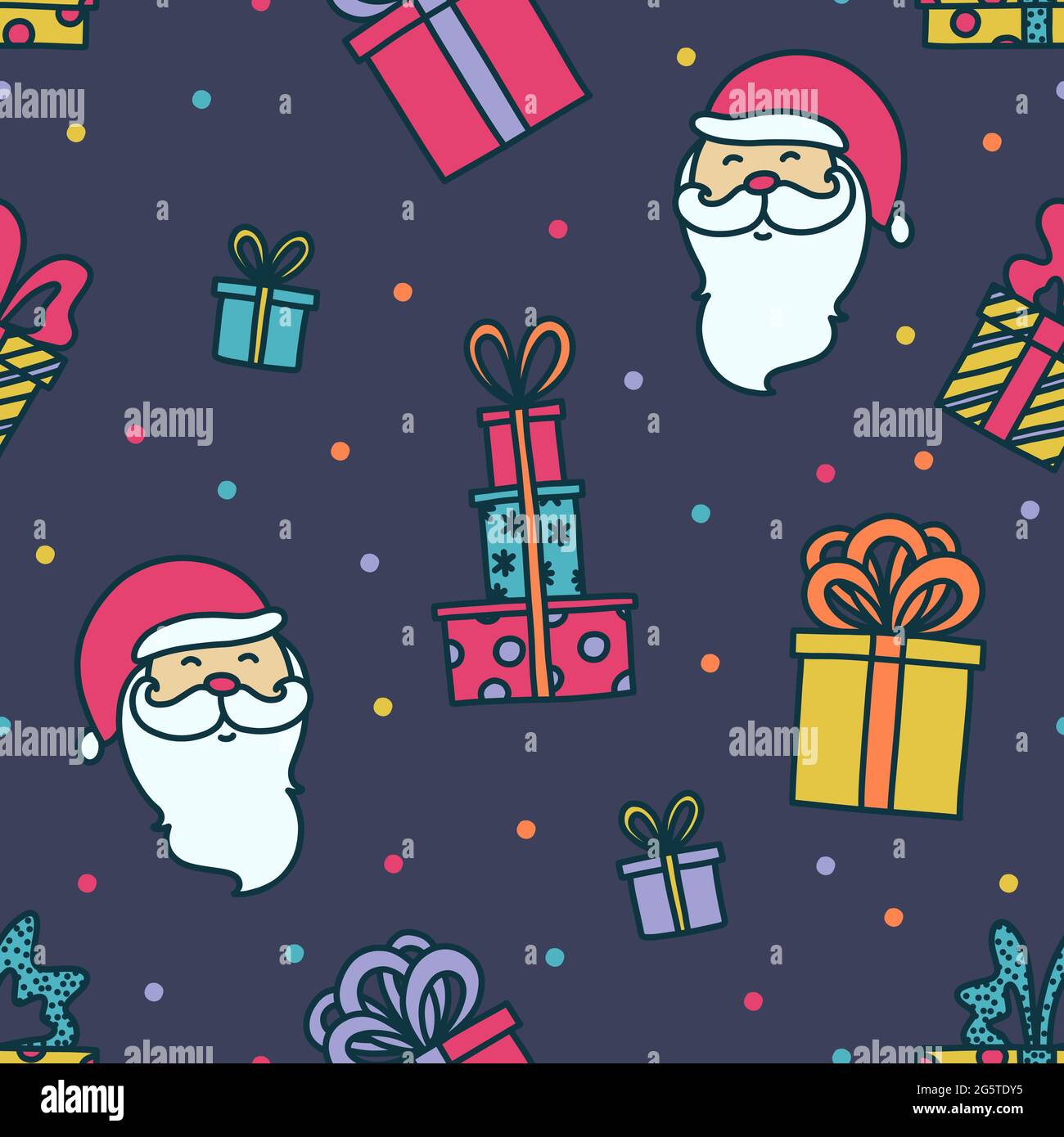 Motif joyeux Noël sans coutures avec le Père Noël et des cadeaux. Croquis de fond coloré sur le thème de Noël. Illustration vectorielle en style doodle Illustration de Vecteur
