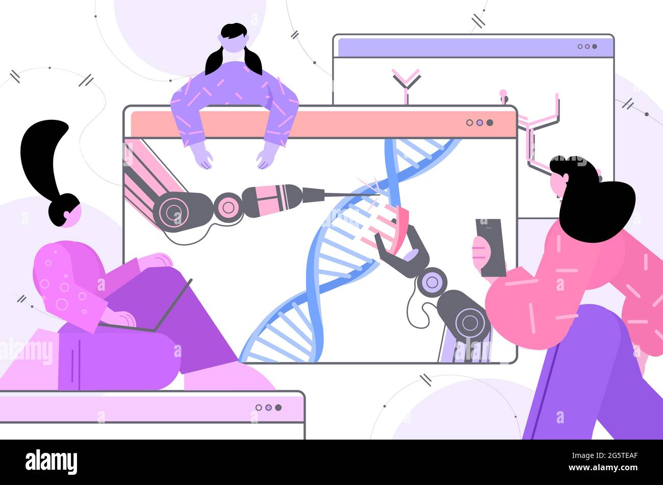 Les scientifiques contrôlant les mains robotisées travaillant avec la structure de l'ADN les chercheurs faisant des expériences dans les tests d'ADN en laboratoire Illustration de Vecteur